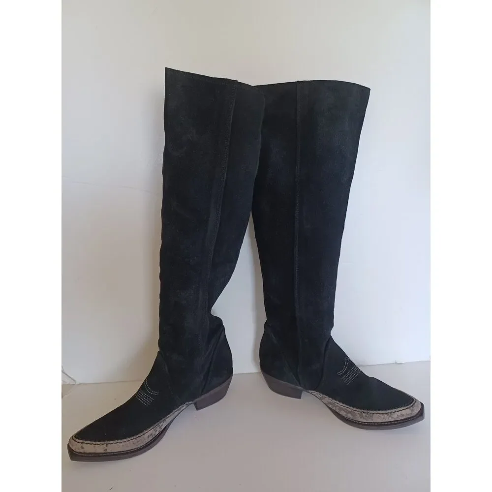 Free People Boho Western Boot Sterling Knee Hi Tall Slouchy Black Suede Euro 38